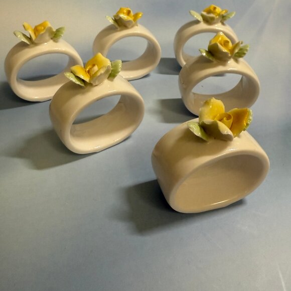 6 Vintage Porcelain Napkin Rings White with Yellow Roses and Green Leaves 2 1/8” - Picture 5 of 12
